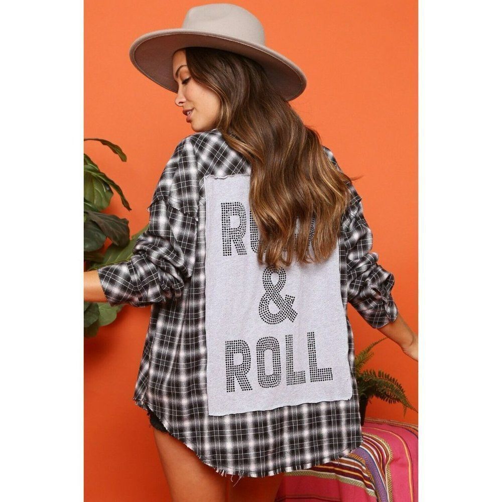 Fantastic Fawn Rock n Roll Embellished Plaid Button Up Shacket Black IFJ51759-01